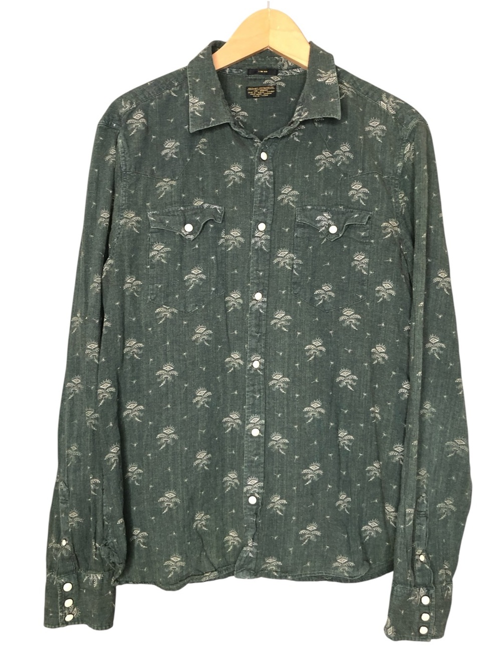 All Saints Cotton Long Sleeve Shirt Snap Closure Tropical Green Men's Medium